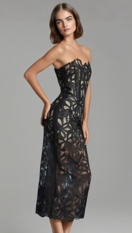 ABITO MIDI LETITIA SENZA SPALLINE CON RICAMI A FIORI