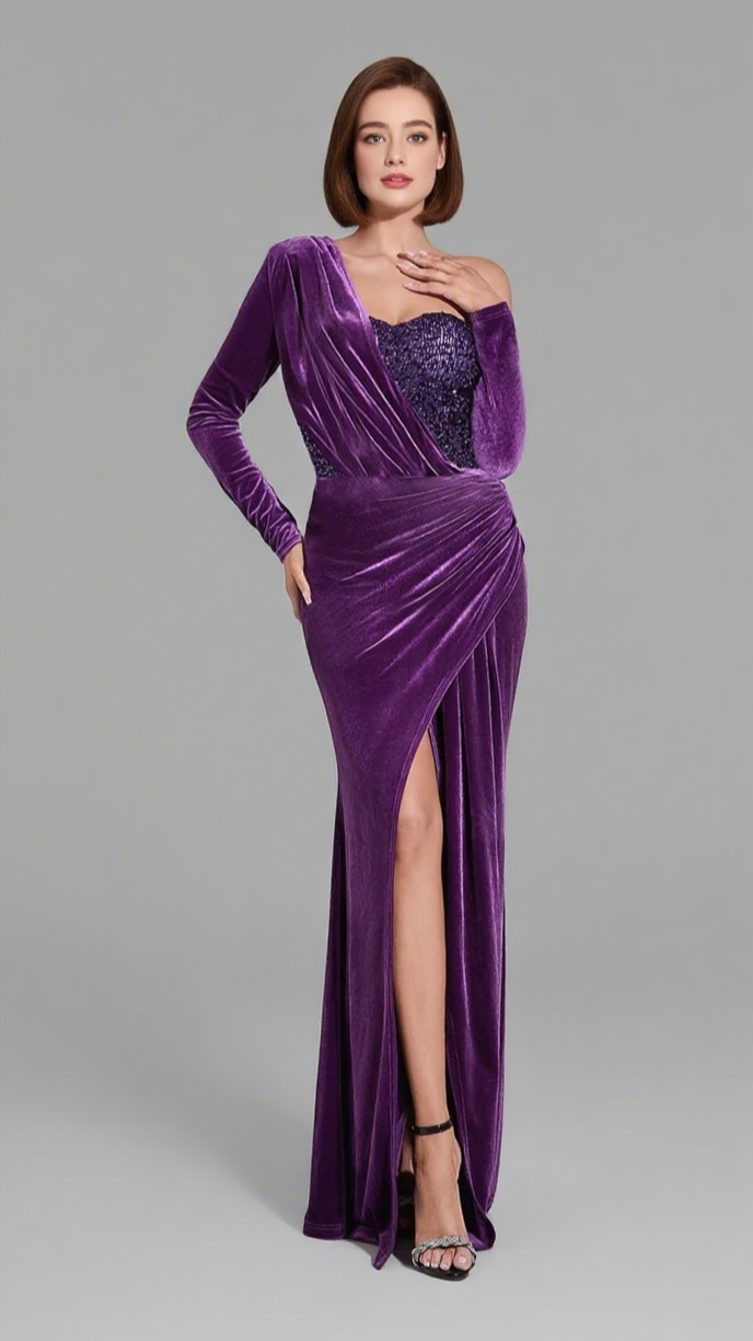 VELVET ONE - SHOULDER SEQUIN - EMBELLISHED MERMAID GOWN IN PURPLE