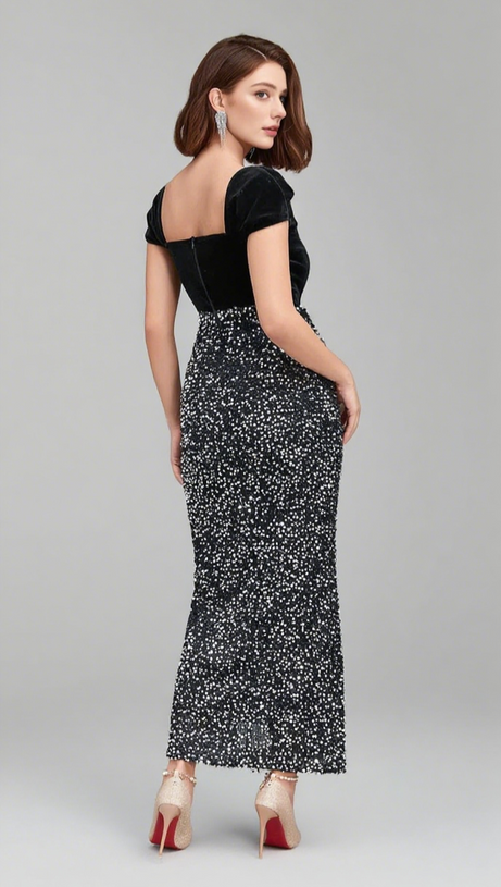 VELVET OFF - SHOULDER GLITTER - SKIRT MAXI DRESS IN BLACK