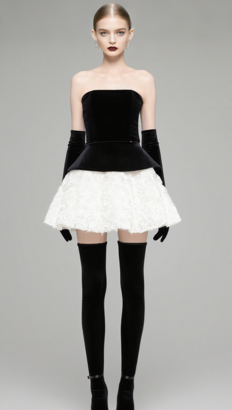 COMPLETO CON GONNA MINI IN VELLUTO A PETALI E SENZA GUANTI - NERO/BIANCO