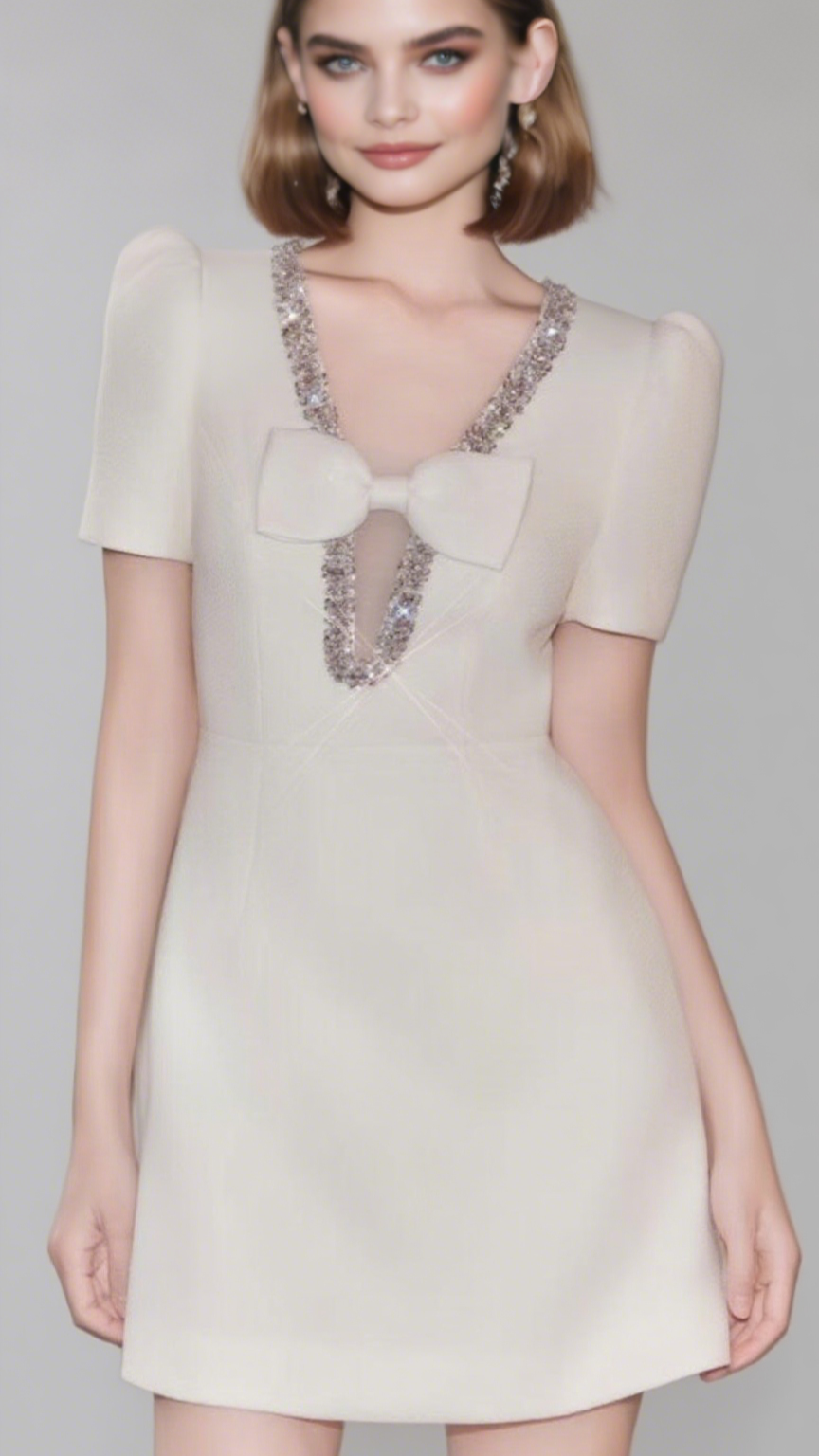 V-neck diamond chain bow mini dress in ivory