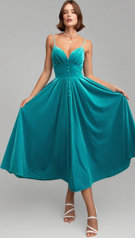 VELVET BUTTON - FRONT SPAGHETTI STRAP MAXI DRESS IN TEAL