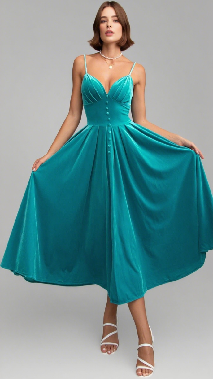 VELVET BUTTON - FRONT SPAGHETTI STRAP MAXI DRESS IN TEAL
