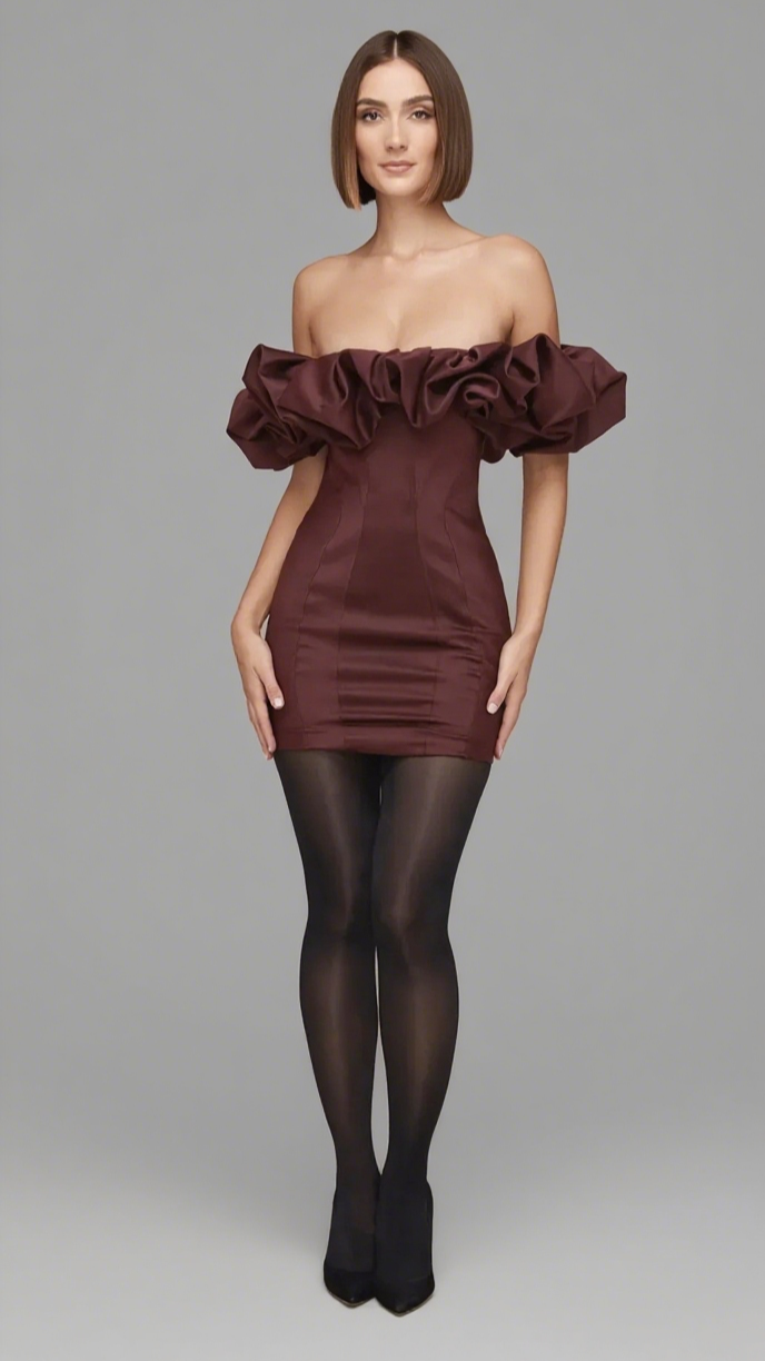 BURGUNDY SATIN RUFFLE STRAPLESS MINI DRESS