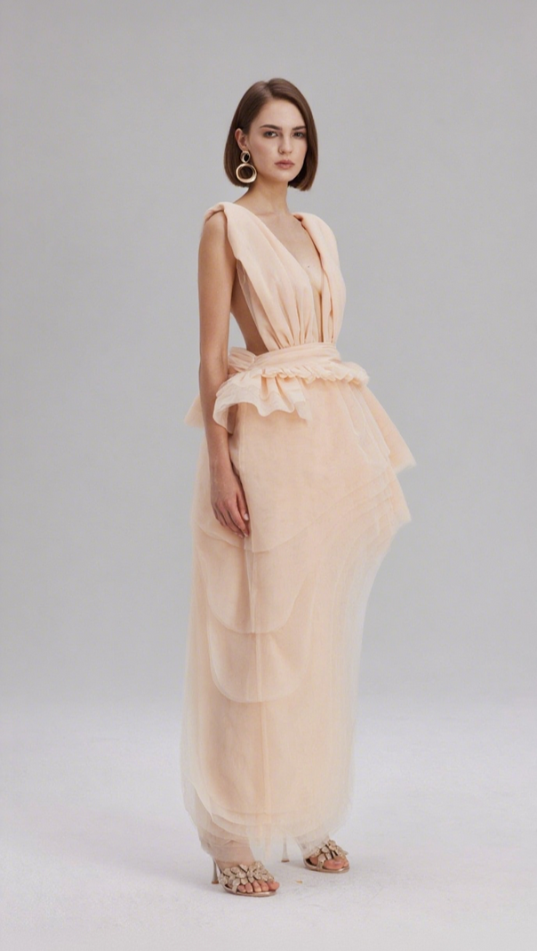 AIIZIE BOSMAT RUCH MESH ASYMMETRIC MINI DRESS IN APRICOT - product image