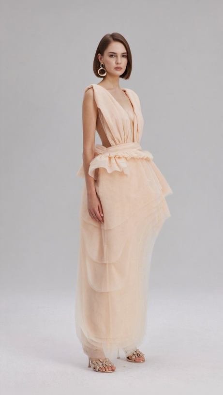 BOSMAT RUCH MESH ASYMMETRIC MINI DRESS IN APRICOT