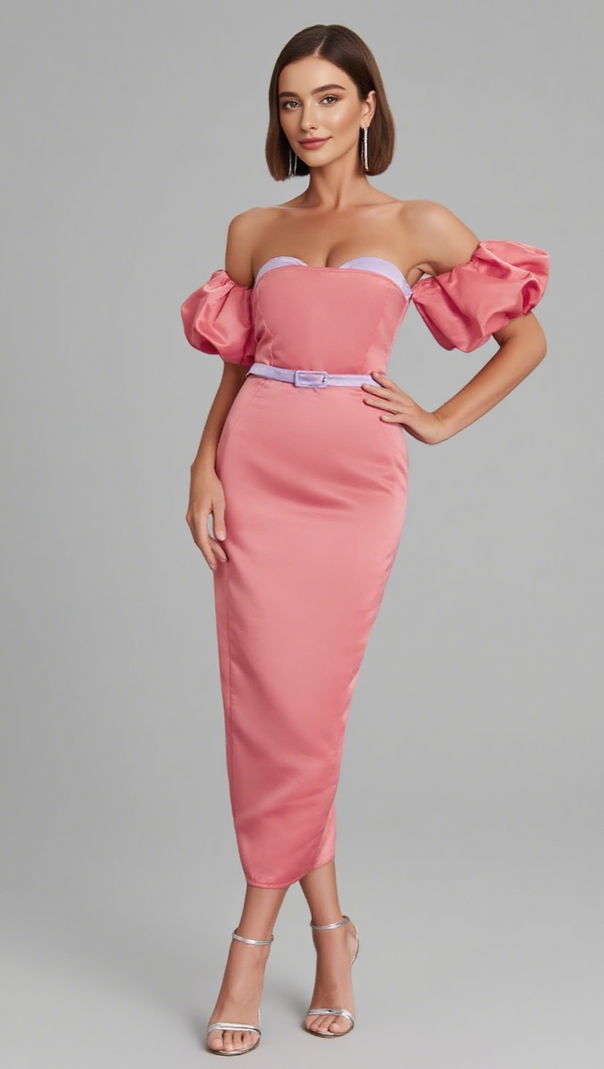 AIIZIE OFF - SHOULDER PUFF - SLEEVE BELTED MIDI DRESS IN PINK - product image