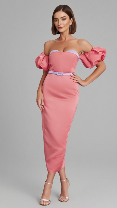 Schulterfreies Midikleid mit Puffärmeln und Gürtel in Pink
