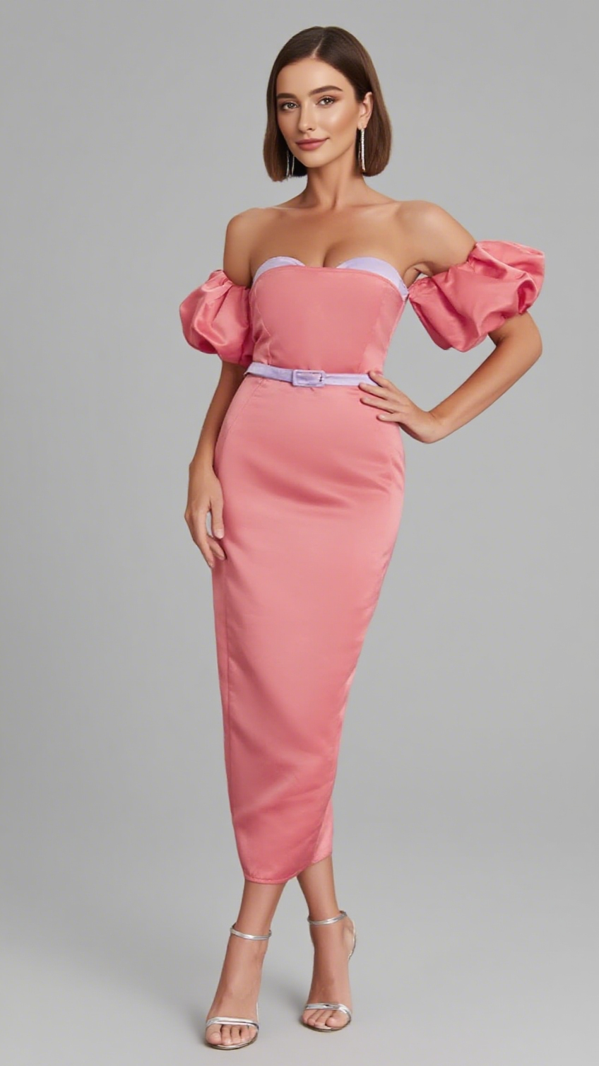Schulterfreies Midikleid mit Puffärmeln und Gürtel in Pink