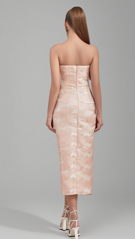 Florale Jacquard-Schleife – Midikleid mit Gürtel in Hellrosa