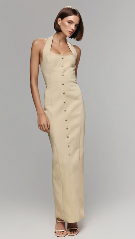 HALTER NECK BUTTON FRONT MAXI DRESS IN LIGHT YELLOW