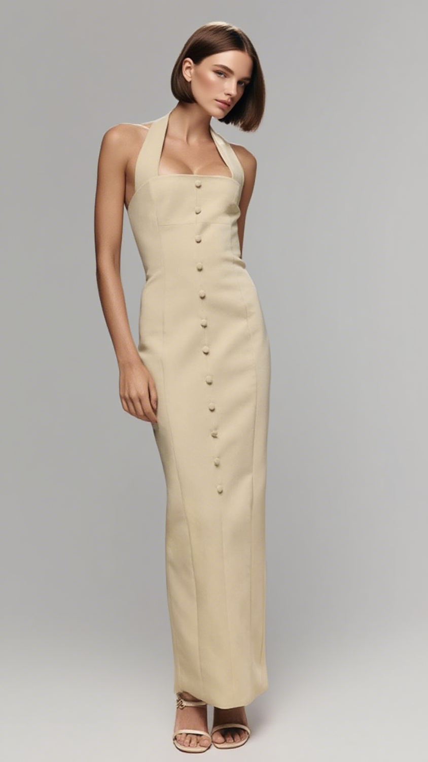 HALTER NECK BUTTON FRONT MAXI DRESS IN LIGHT YELLOW