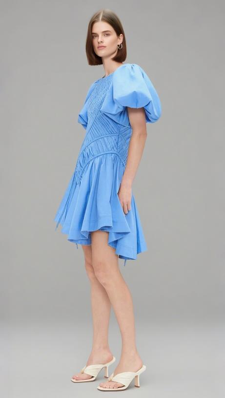 MINI ABITO ASIMMETRICO CON MANICHE A SBUFFO E PLISSETTATURE EUDORA IN BLU NEBBIA