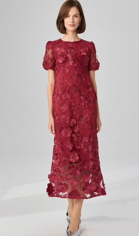 Flower Mesh Maxi Dress In Red