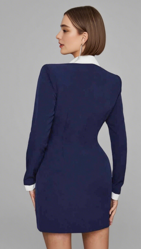 WHITE - TRIM DOUBLE - BREASTED BLAZER DRESS IN BLUE