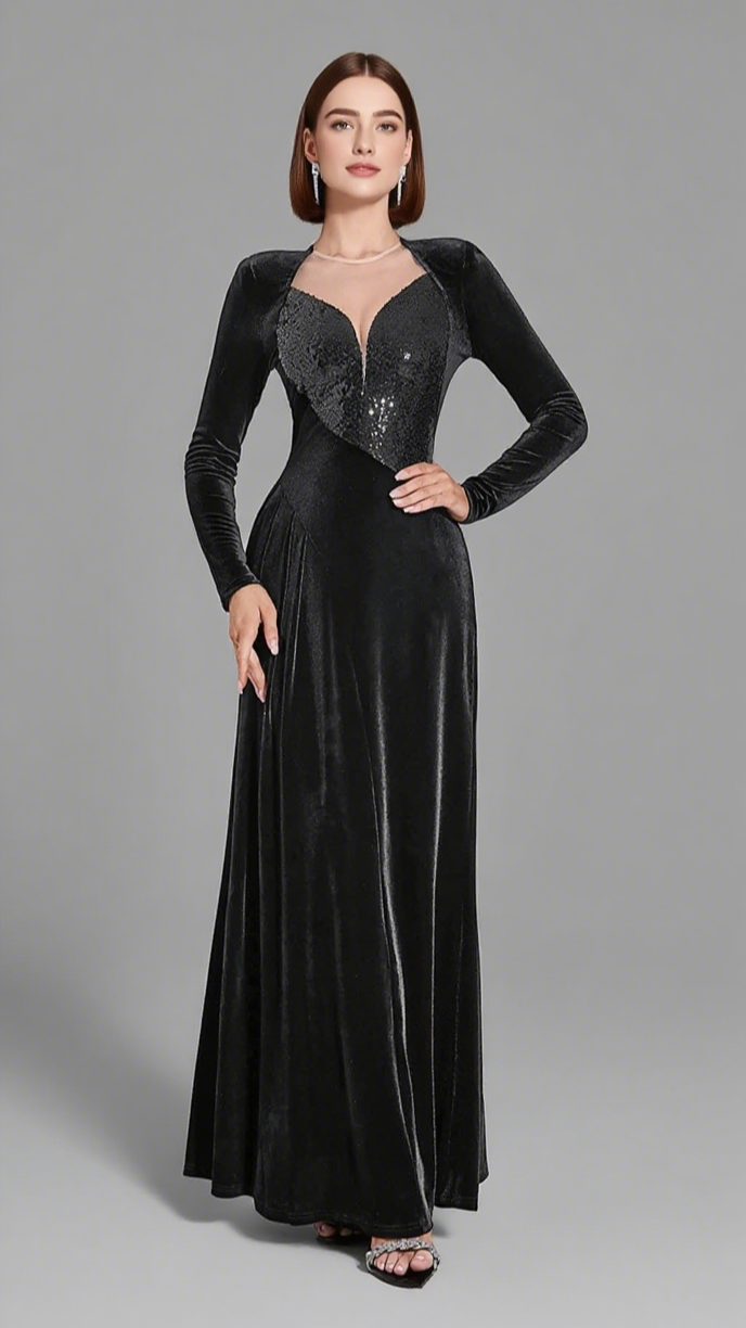 VELVET SEQUIN - INSET LONG - SLEEVE MAXI DRESS IN BLACK