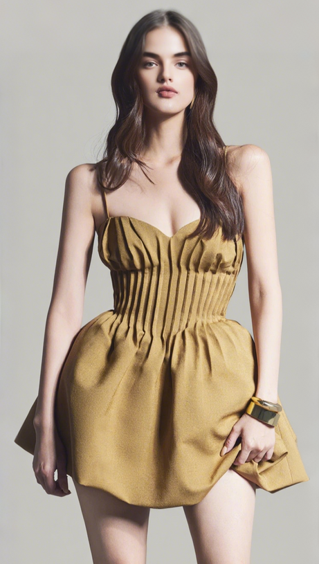 RITA PLEATED SLIM PUFFY MINI DRESS IN CAMEL