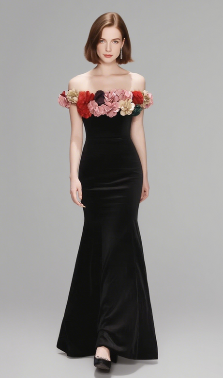 ONE-SHOULDER GOLD VELVET FISHTAIL MAXI DRESS IN BLACK