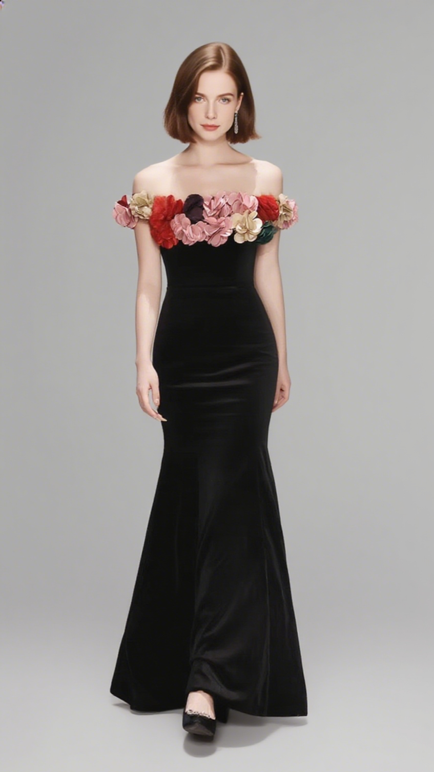 ONE-SHOULDER GOLD VELVET FISHTAIL MAXI DRESS IN BLACK