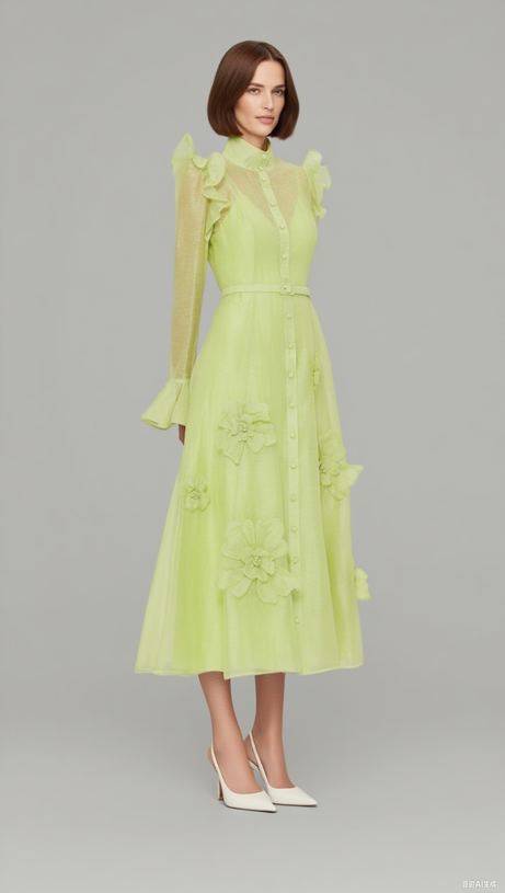 3D FLOWER BUTTERFLY SLEEVE MIDI DRESS - CHARTREUSE