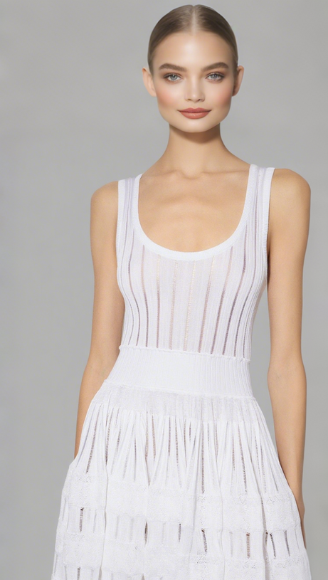 RIBBED POINTELLE KNIT MINI DRESS IN WHITE