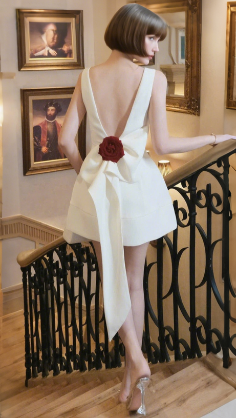 JOANNA BACKLESS FLOWER BOW EMBELLISHED MINI DRESS IN WHITE
