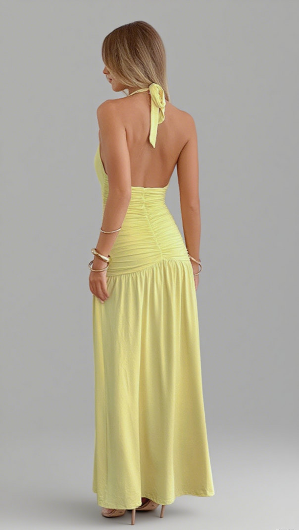 AIIZIE HALTER NECK RUCHED MAXI DRESS IN YELLOW - product image