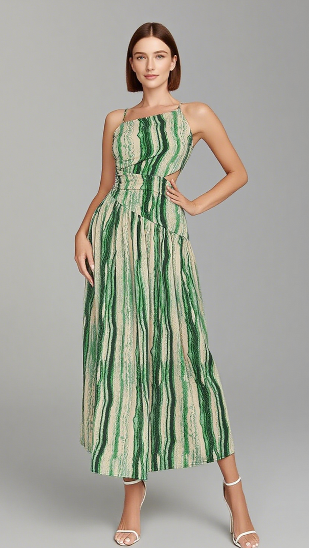 AIIZIE STRIPED CUTOUT ONE - SHOULDER MIDI DRESS IN GREEN - product image
