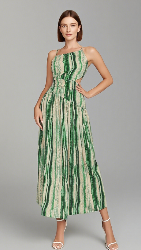 STRIPED CUTOUT ONE - SHOULDER MIDI DRESS IN GREEN