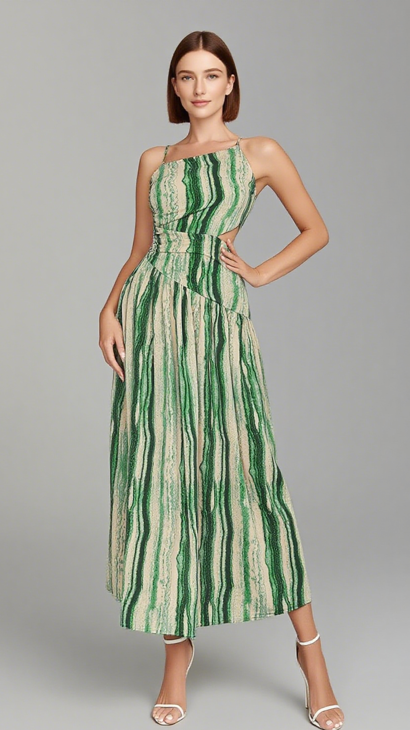 STRIPED CUTOUT ONE - SHOULDER MIDI DRESS IN GREEN