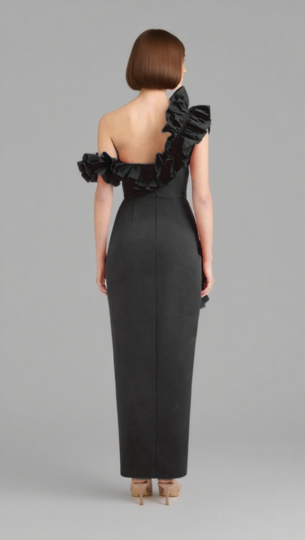 AIIZIE ONE - SHOULDER RUFFLE - TRIMMED SLIT MIDI DRESS IN BLACK - product image