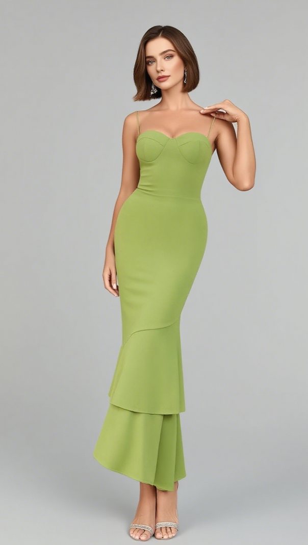 AIIZIE STRAPLESS RUFFLED MERMAID MIDI DRESS IN GREEN - product image