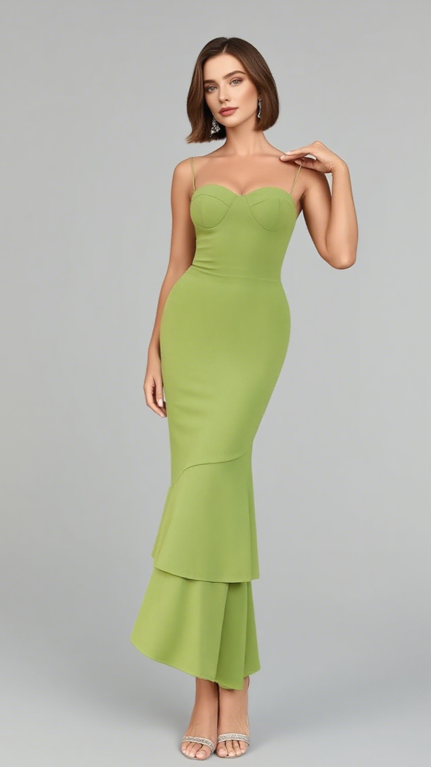 STRAPLESS RUFFLED MERMAID MIDI DRESS IN GREEN
