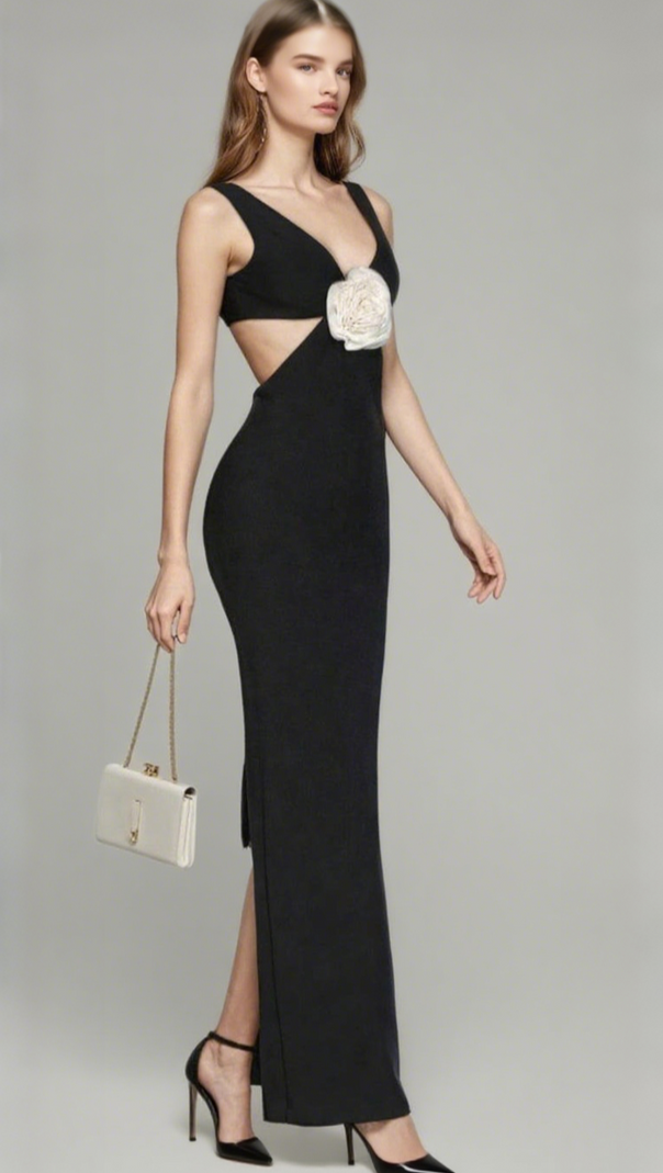 AIIZIE FLOWER V-NECK HOLLOW OUT MAXI DRESS IN BLACK - product image