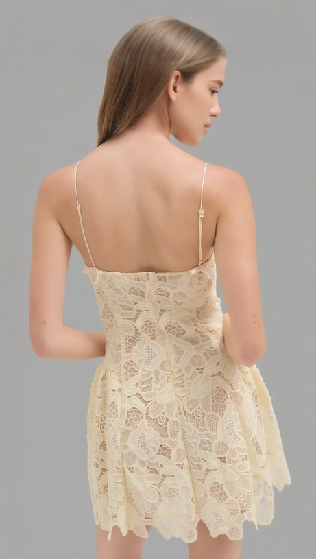LACE HOLLOW SLEEVELESS MINI DRESS IN YELLOW
