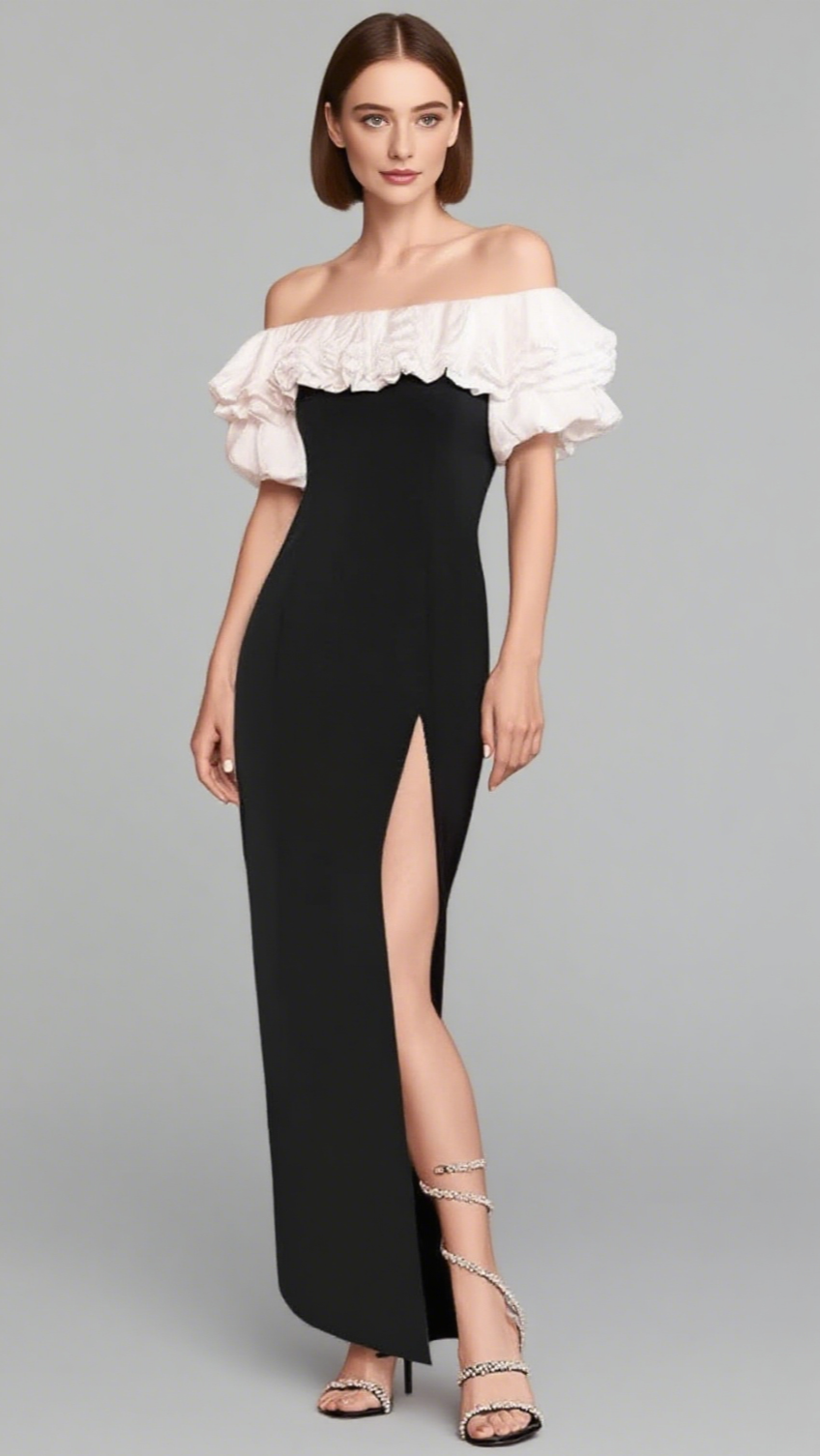 OFF - SHOULDER RUFFLED SLIT MIDI DRESS IN BLACK