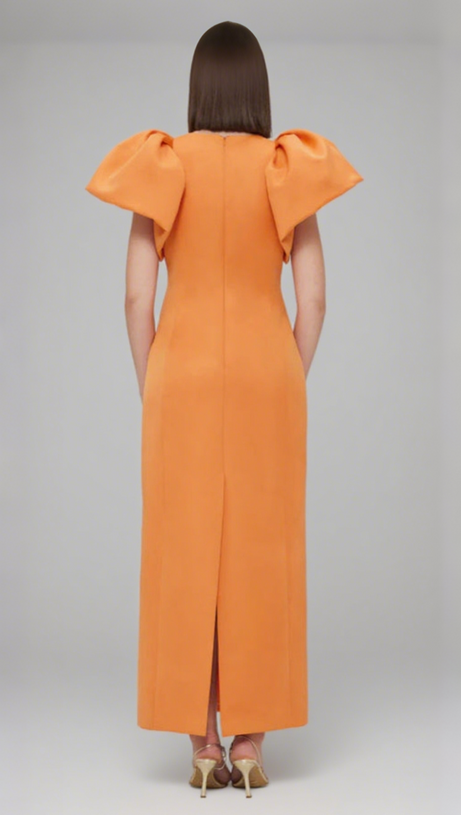 ABITO LUNGO DECORATO EDWINA CON STAMPA ORTENSIA IN MANDARINO