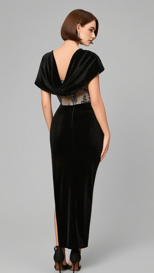 AIIZIE VELVET LACE - PANELED BOW - SLEEVE MIDI DRESS IN BLACK - product image