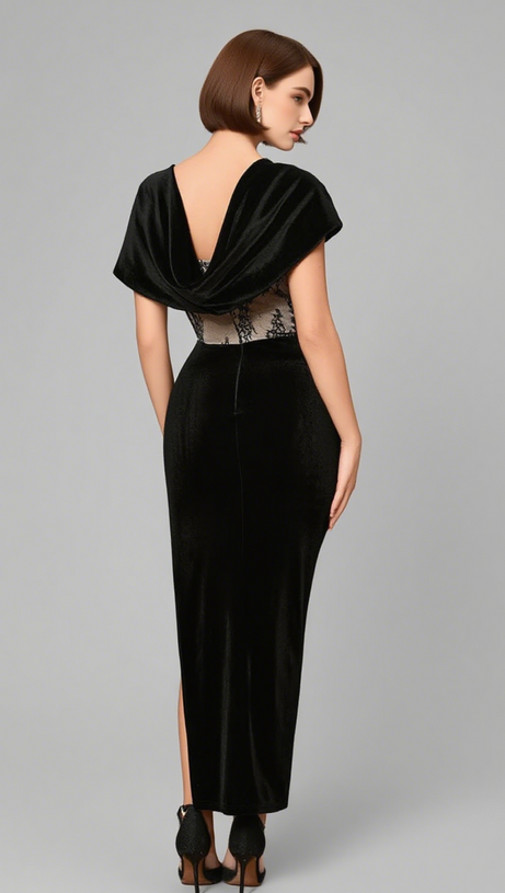 Midikleid aus Samtspitze mit Bahnen und Schleife in Schwarz