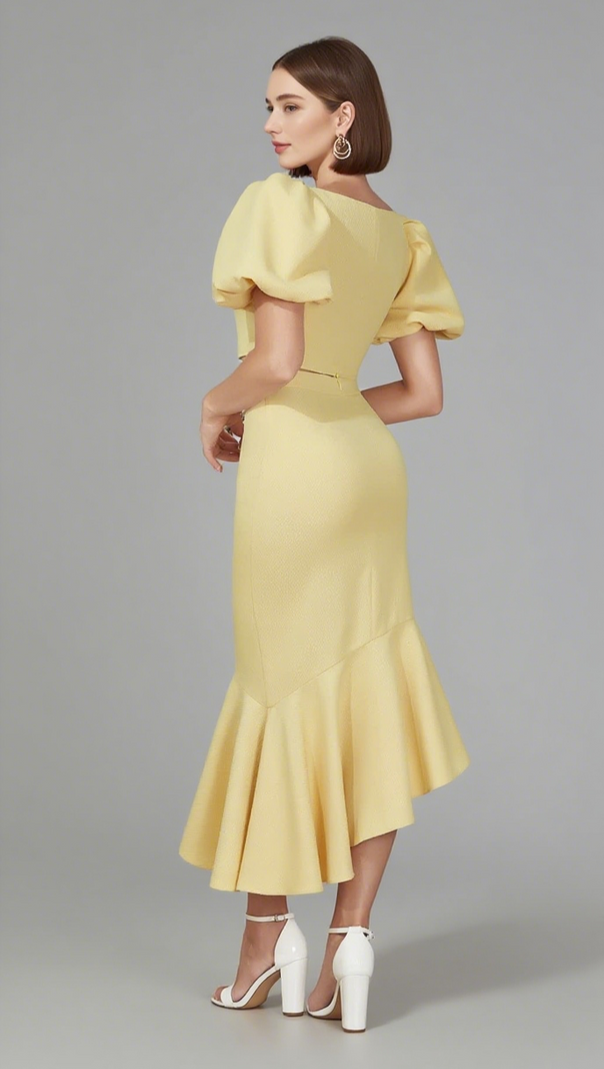 AIIZIE PUFF - SLEEVE BUTTONED CROP TOP AND MERMAID SKIRT SET IN YELLOW - product image