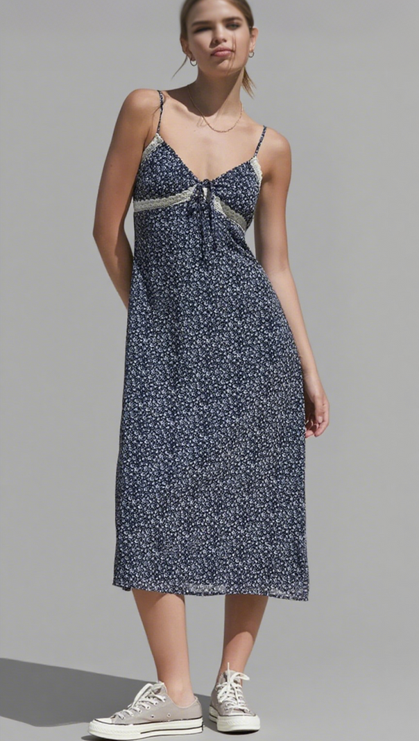 AIIZIE V-NECKLINE FLORAL LACE TRIM MIDI DRESS IN NAVY - product image