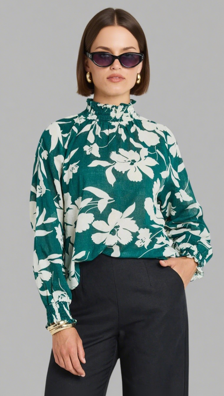 AFFECTION FOREST FLORAL SHIRRED HIGH NECK LS TOP