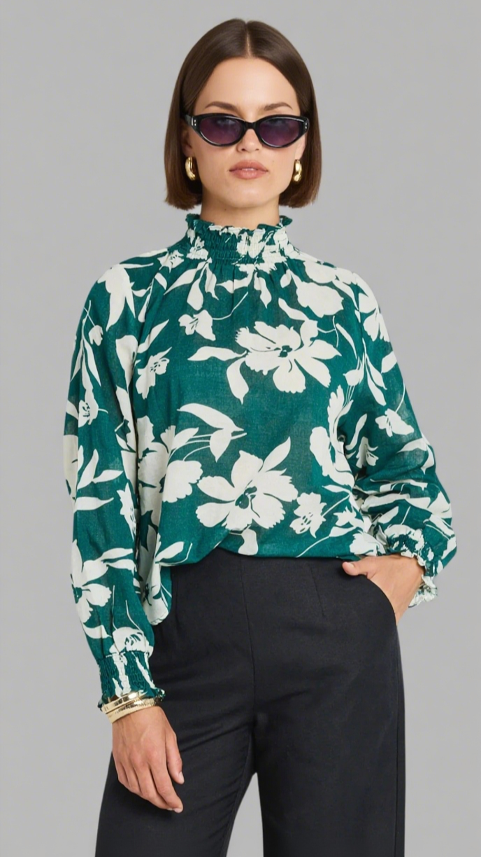 AFFECTION FOREST FLORAL SHIRRED HIGH NECK LS TOP