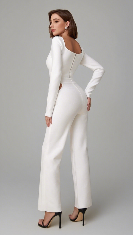 Set aus langärmligem Crop-Top und Hose mit Cut-Outs in Weiß