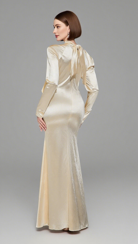 SATIN RUFFLED HIGH - NECK MAXI DRESS IN IVORY