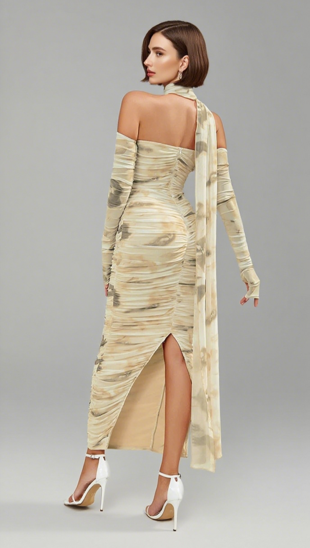 AIIZIE TIE - DYE ONE - SHOULDER RUCHED MIDI DRESS IN BEIGE AND BROWN - product image