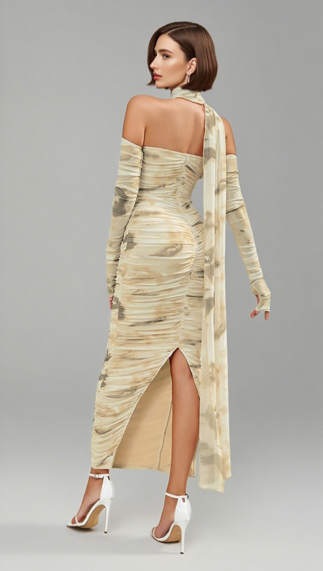 Tie-Dye One-Shoulder-Midikleid mit Rüschen in Beige und Braun