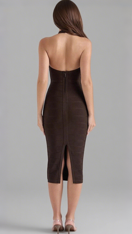 Schokoladenbraunes Neckholder-Midi-Bandagekleid in Bodycon-Optik