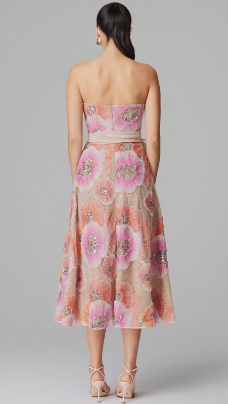 STRAPLESS FLOWER SEQUIN EMBELLISHED MIDI DRESS