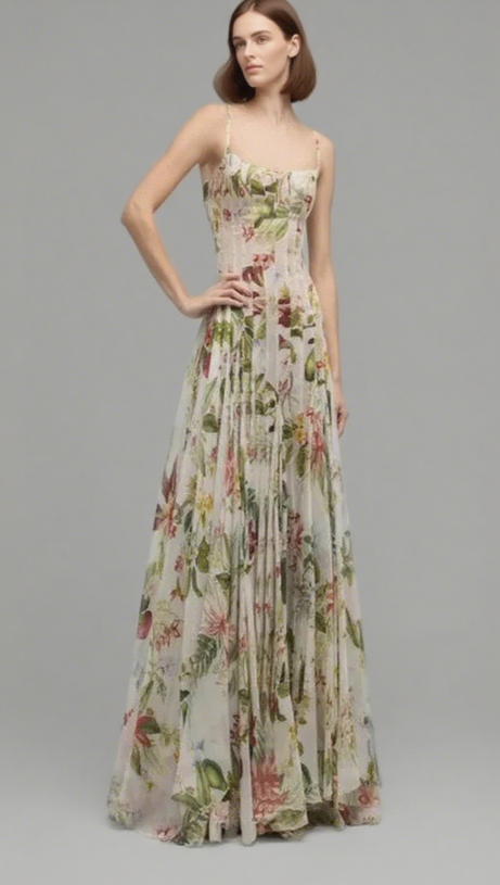MULTICOLOR FLORAL PRINT FAUNA GAZAR GOWN